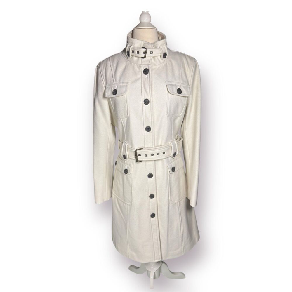 Esprit White Elegant Buttoned Trench Coat with Belt Size Large Buttoned‎ Collar